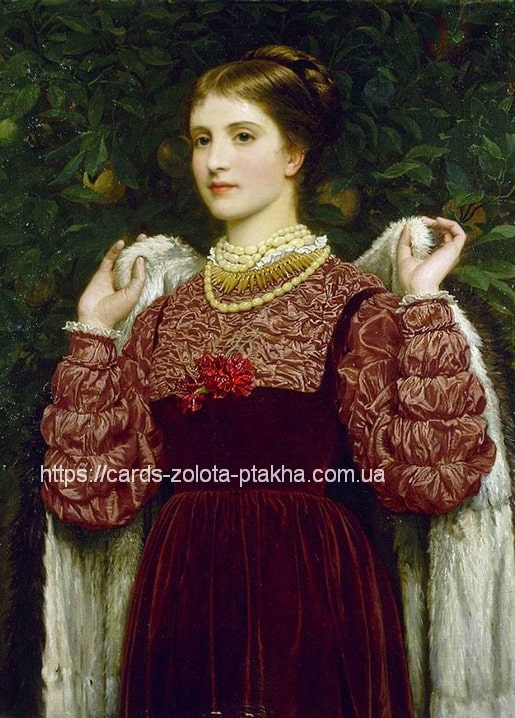 Painting by Charles Edward Perugini: a woman in crimson velvet and a fur stole beside a fruit tree