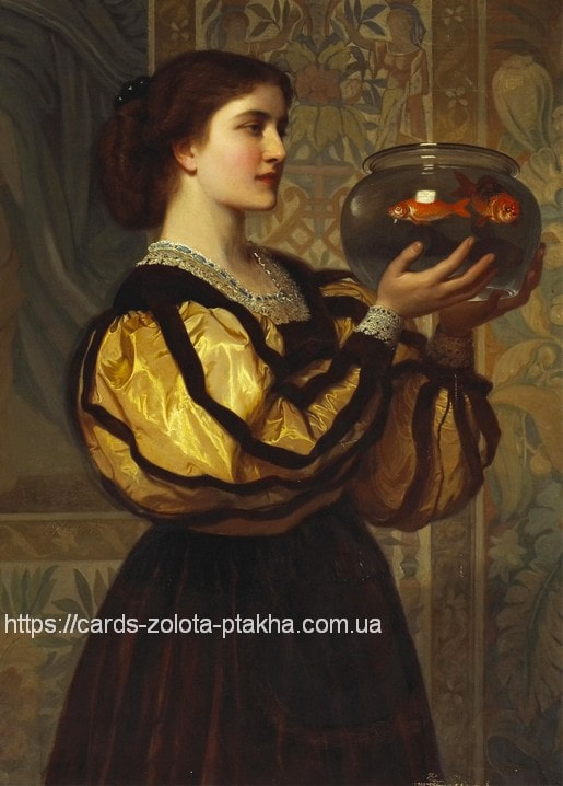 Painting by Charles Edward Perugini: a woman in amber satin holds a glass bowl with two goldfish