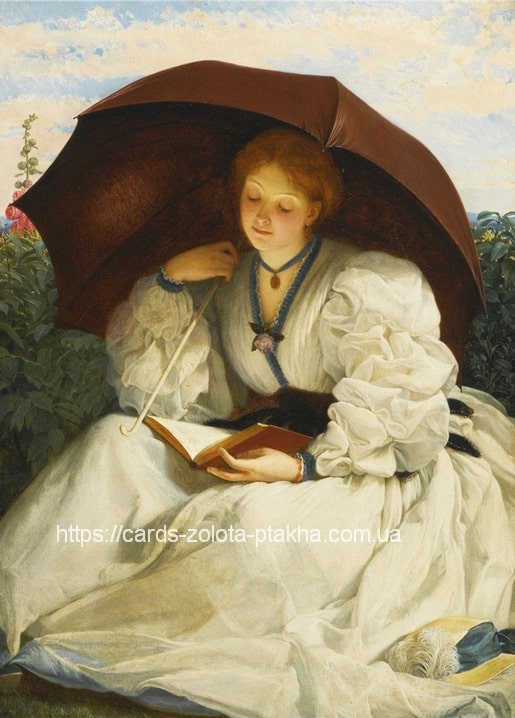 Charles Edward Perugini painting of a girl reading a book under a red parasol among hollyhocks