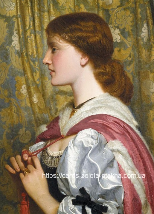 Charles Edward Perugini profile portrait of a red-haired woman in a fur-trimmed rose cape