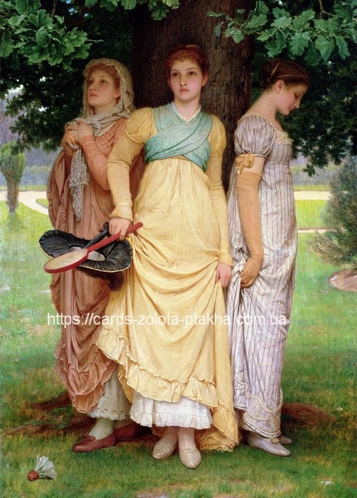 Charles Edward Perugini painting of three young women in Regency dresses pausing during a battledore game under an oak tree