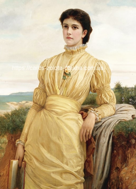 Charles Edward Perugini portrait of a woman in a yellow gown standing by the sea, holding a book