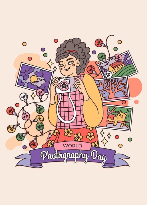 Curly-haired photographer in a floral apron taking a picture, surrounded by her photo prints