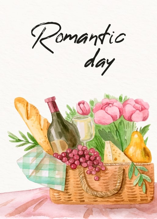 Watercolor picnic basket with wine, baguette, cheese, grapes and pink peonies, ‘Romantic day’ lettering