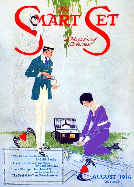 The Smart Set cover, August 1916: a man pours a drink for a kneeling woman at a picnic