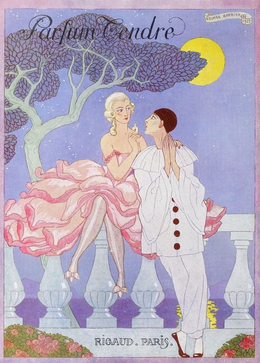 Art Deco illustration by George Barbier of a woman in pink and a Pierrot on a moonlit terrace