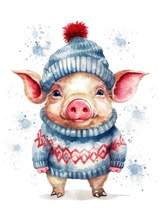 Aquarelliertes Ferkel in blauer Mütze mit rotem Bommel und Pullover
