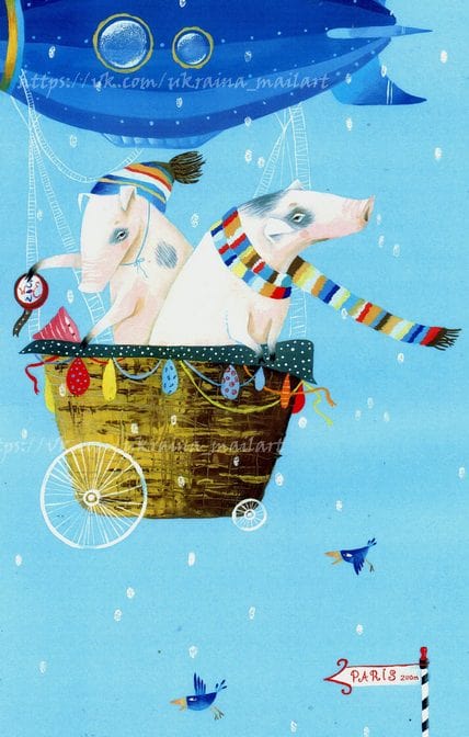 Zwei Ferkel mit Schals fliegen im Ballonkorb unter einem Luftschiff nach Paris