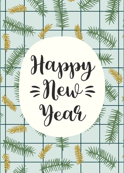 Muster aus grünen und goldenen Tannenzweigen mit „Happy New Year“-Schriftzug