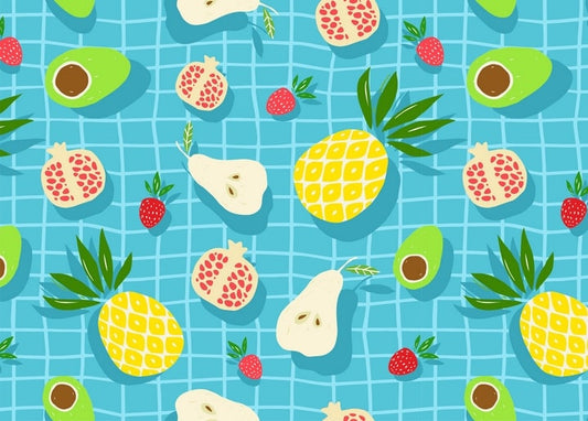 Seamless pattern of pineapple, avocado, pomegranate, pear, and strawberry on blue tiles