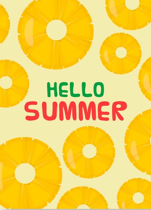 Pattern of sliced pineapples with a hand-lettered ‘Hello Summer’ greeting