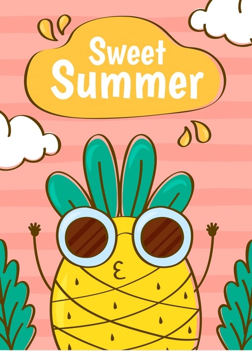 Illustrated postcard with a cartoon pineapple character wearing sunglasses on pink striped background