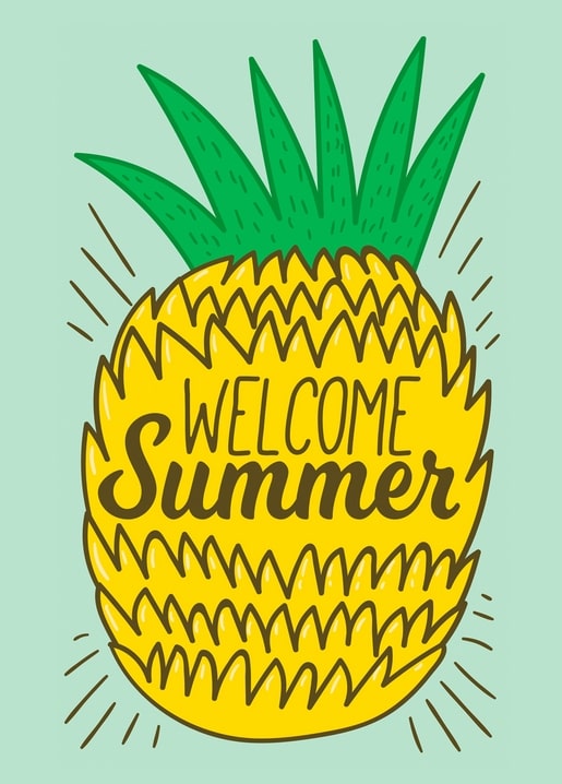 Bold pineapple illustration with “Welcome Summer” lettering on mint background