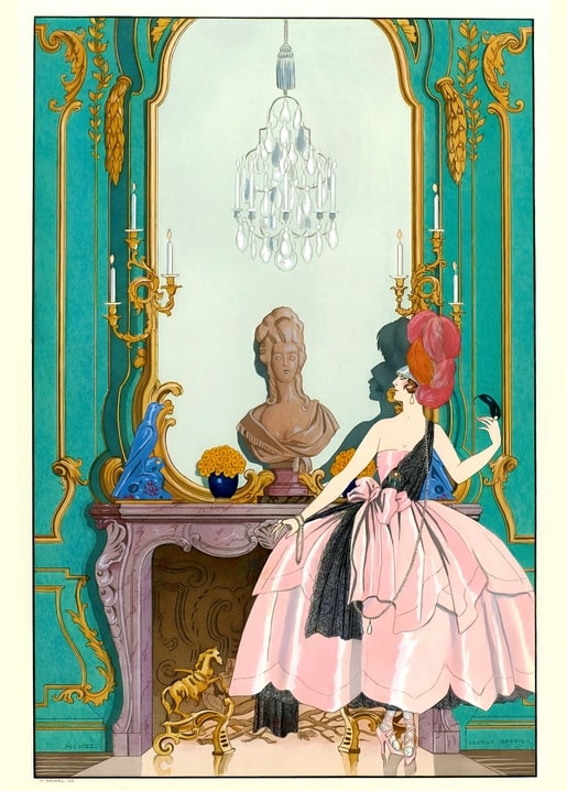 Art Deco illustration of a woman in a pink ballgown at a rococo fireplace with chandelier