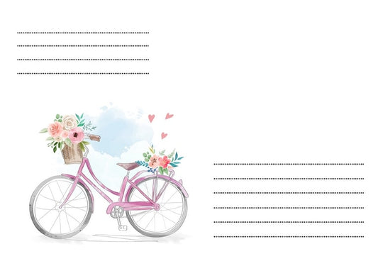 Rosa Aquarell-Fahrrad mit Blumenkörben und schwebenden Herzen auf weißem Umschlag