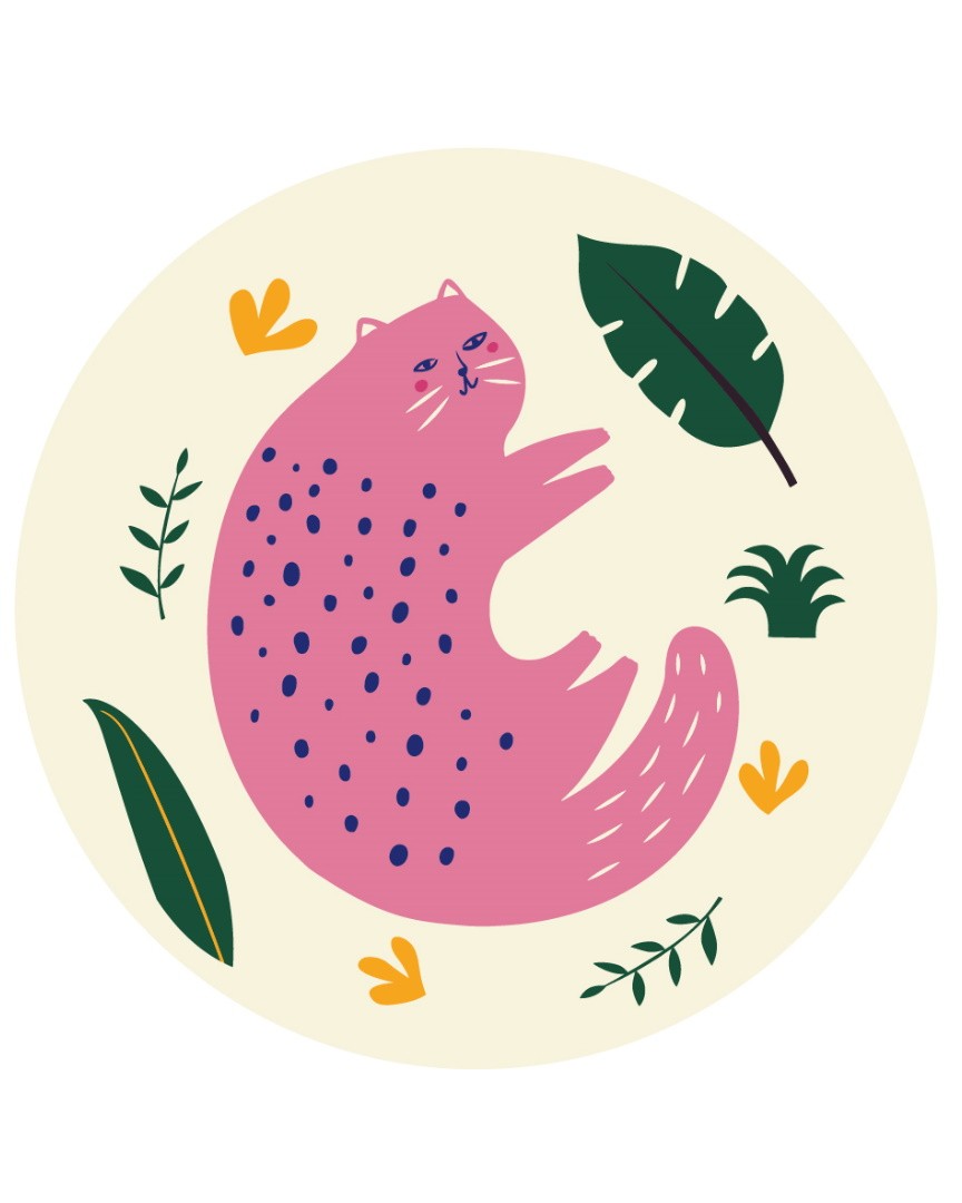 Pink cat with navy polka dots curled among tropical leaves, round painting-by-numbers design, size M.