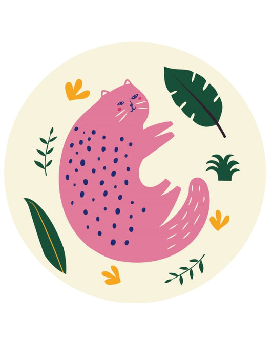 Pink cat with navy polka dots curled among tropical leaves, round painting-by-numbers design, size M.