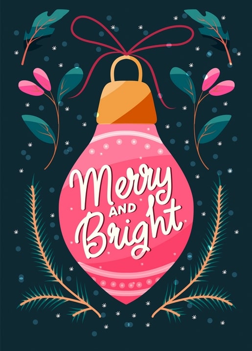 Pink Christmas ornament with ribbon bow among pine branches, “Merry and Bright” postcard