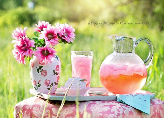 Rosa Chrysanthemen in einer Vase neben einem Glas und Krug rosa Limonade auf einem sonnigen Tisch.