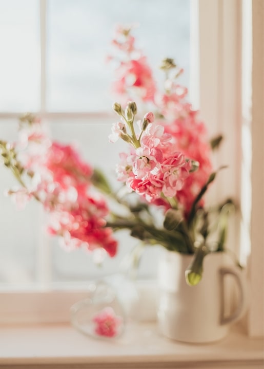 Rosa Blumen in einer weißen Kanne auf einer sonnigen Fensterbank