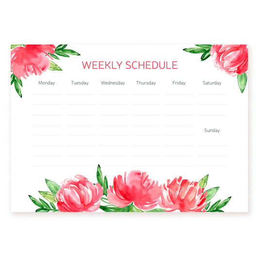 Weekly planner sheet with pink watercolor peonies and a Monday-to-Sunday grid