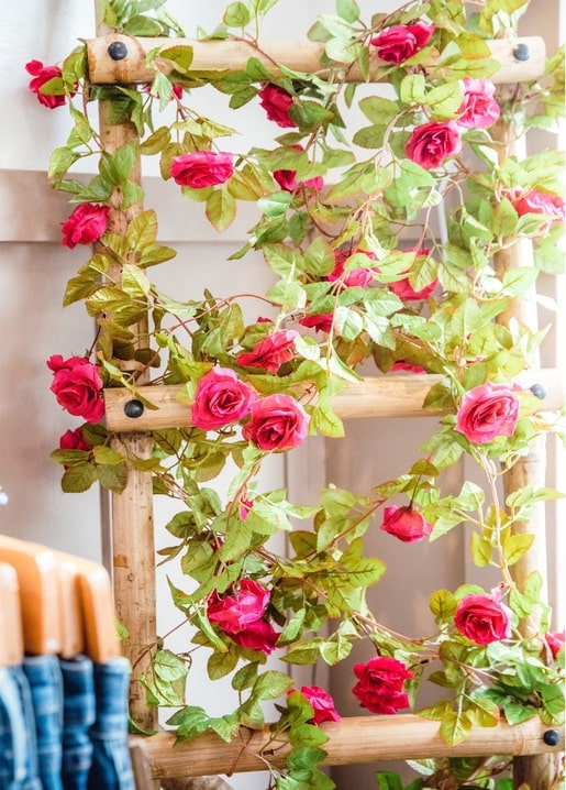 Rosa Kletterrosen ranken sich um eine hölzerne Gartenleiter