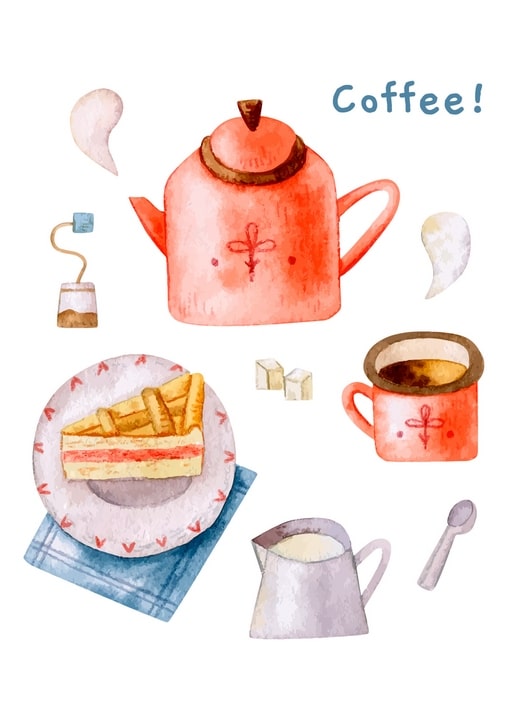 Watercolor coffee still life with pink teapot, cake slice, teabag, and ‘Coffee!’ text