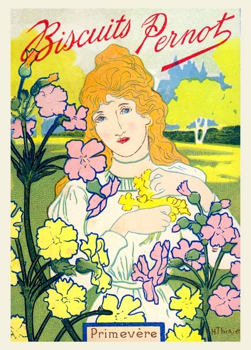 Art Nouveau postcard of a woman in white holding pink and yellow blossoms in a garden