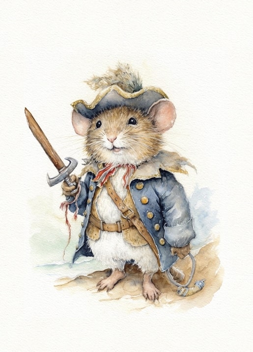 Watercolor illustration of a mouse dressed as a pirate, holding a sword, wearing a torn coat and tricorn hat