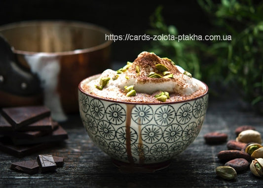Sahnedessert mit gehackten Pistazien und Kakao in einer bemalten Schale, daneben Schokolade und Kupfertopf