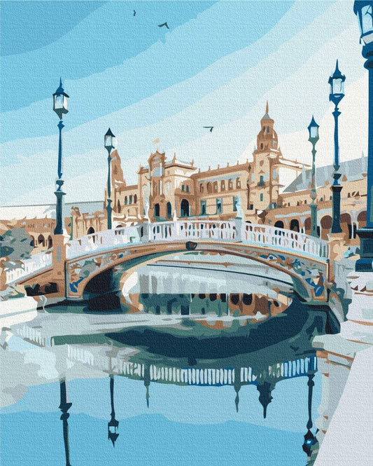 Paint-by-numbers canvas of the arched bridge and colonnade at Plaza de España, Seville, Spain