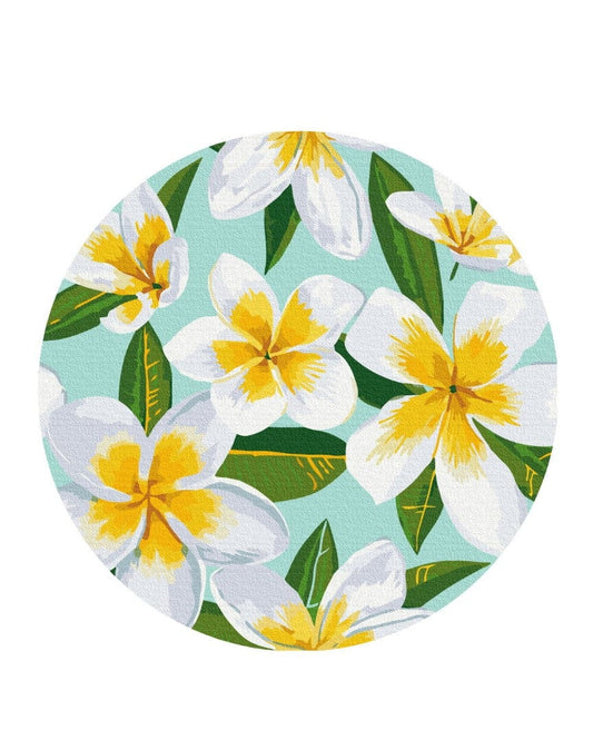 Round paint-by-numbers canvas with white plumeria flowers and green leaves on a mint background