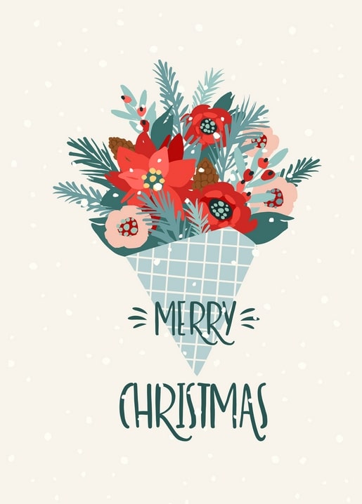 Illustrated Christmas postcard with a poinsettia and pine bouquet wrapped in a paper cone