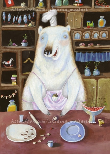 Polar bear in chef's hat and pink apron baking cookies at a table full of baking supplies