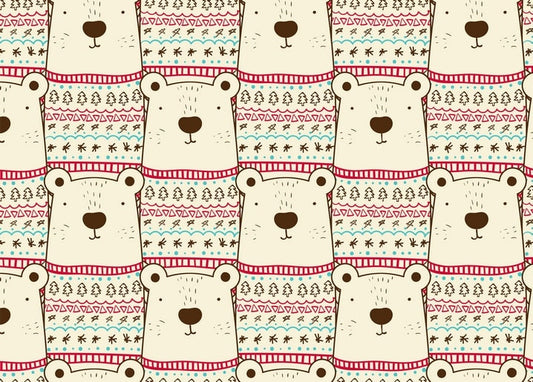 Seamless pattern of polar bear faces in a Christmas sweater-style print