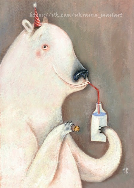 Illustration eines Eisbären mit Partyhut, der Milch durch einen Strohhalm trinkt und einen Keks hält