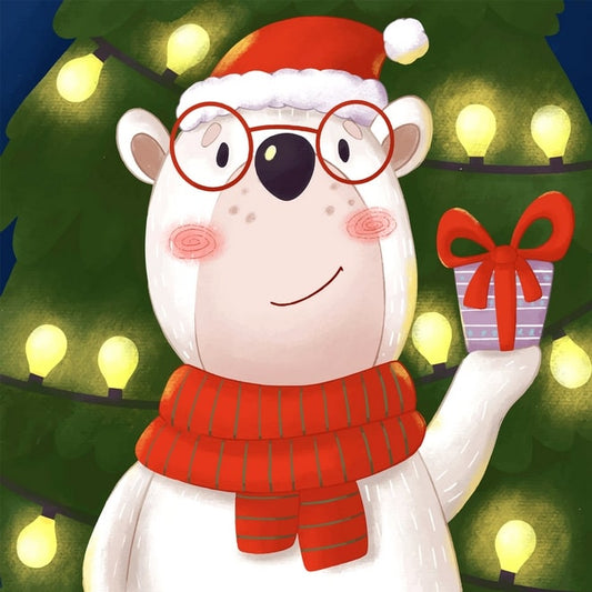 Illustrated polar bear in a Santa hat holding a wrapped Christmas gift