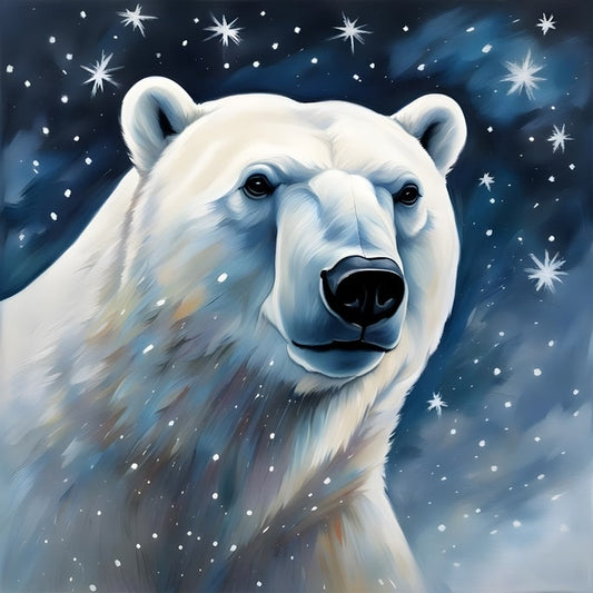 Nahaufnahme eines Eisbären unter einem sternenklaren Winterhimmel mit Schneeflocken