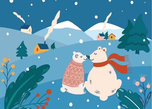 Two polar bears nuzzling noses in a snowy village with cottages and pine trees