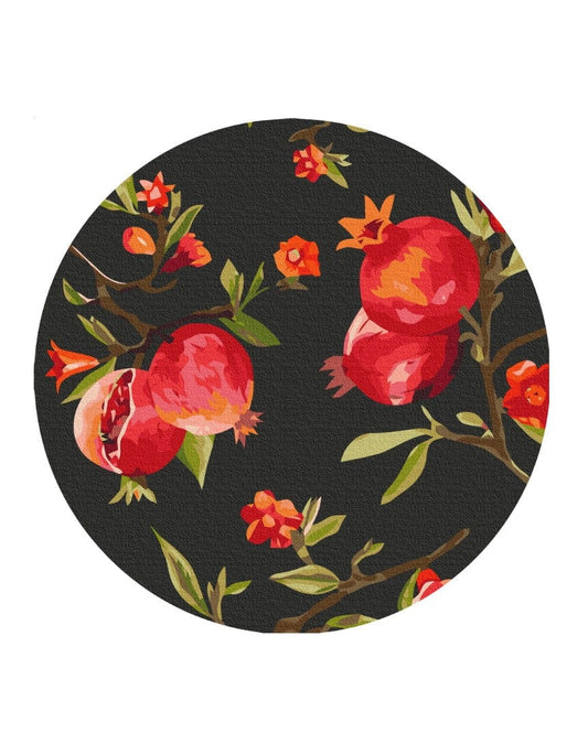 Round paint-by-numbers canvas with ripe pomegranates, branches and small flowers on black background