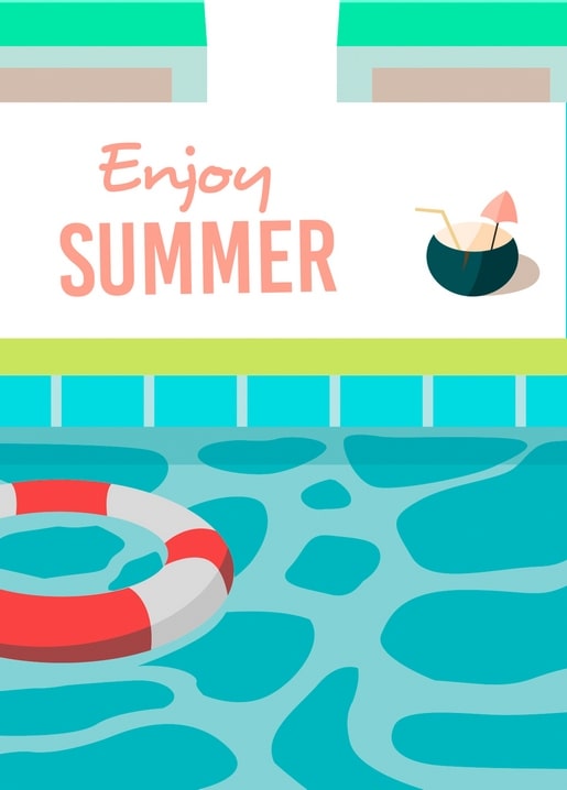 Red-white life ring and coconut cocktail beside a swimming pool illustration