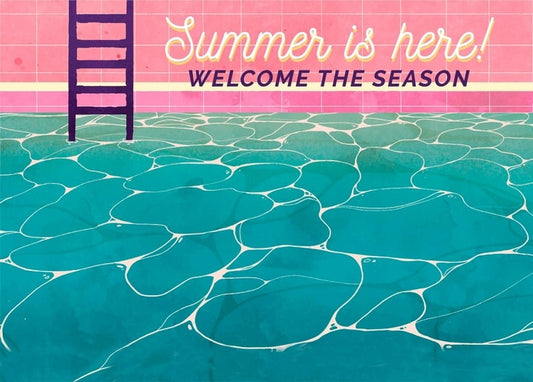 Pool ladder in turquoise water with ‘Summer Is Here’ lettering on pink tiles