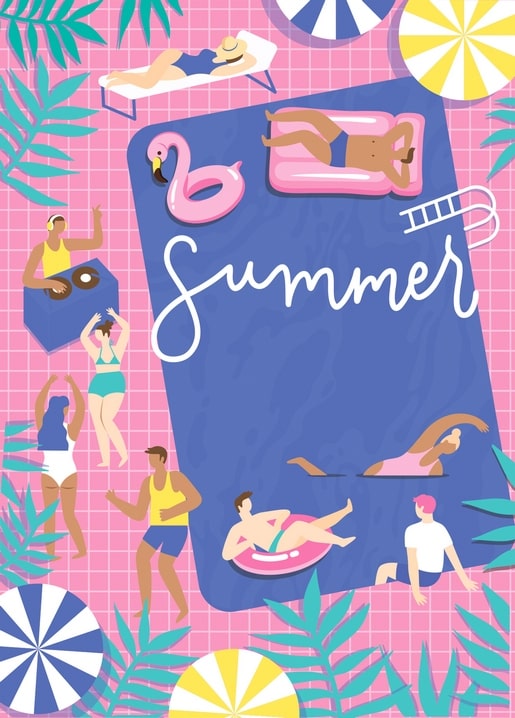 Overhead illustration of a pool party with sunbathers, flamingo float, and umbrellas
