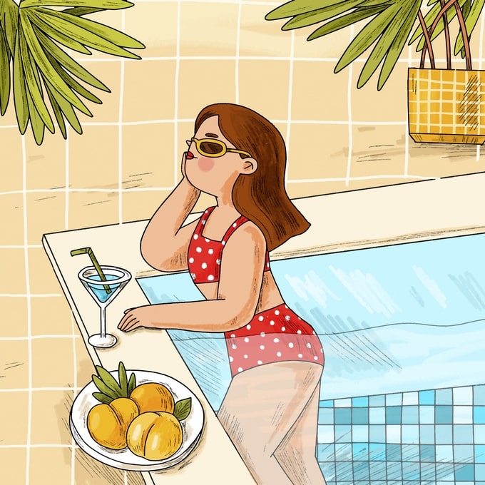 Illustration of a woman in a red polka-dot swimsuit at a rooftop pool bar with a cocktail and peaches