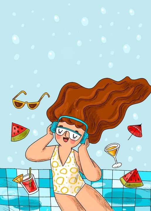 Illustrated girl in swim goggles relaxing poolside with watermelon slices and a cocktail