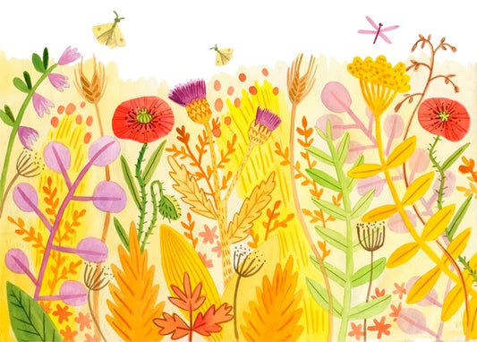 Illustrated golden meadow with red poppies, thistles, and butterflies