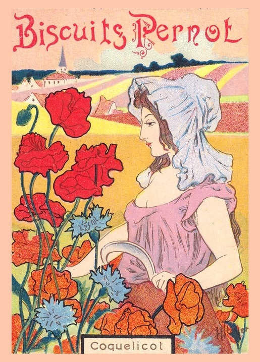 Art Nouveau postcard of a woman in a bonnet holding a sickle among red poppies and blue cornflowers