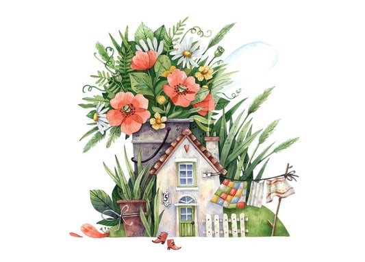 Watercolor cottage under a poppy and daisy bouquet with a quilt drying on the line