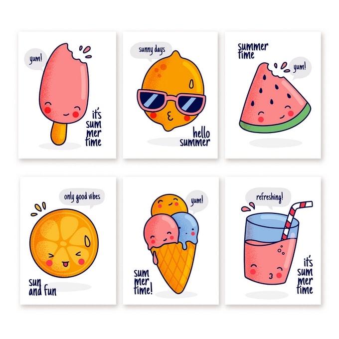 Kawaii-Minipostkarten mit lächelndem Eis am Stiel, Zitrone mit Sonnenbrille, Wassermelone und Eistüte