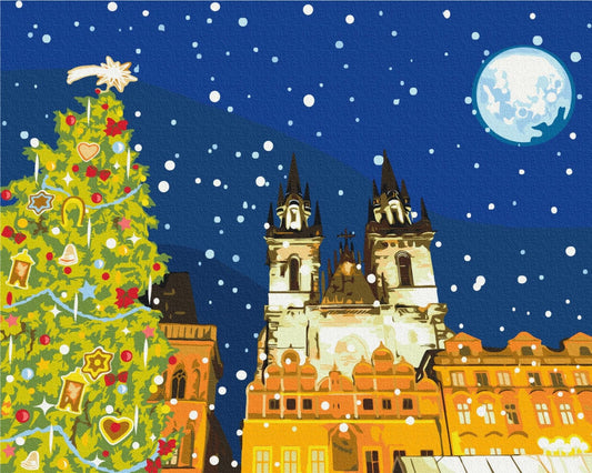 Malen-nach-Zahlen-Stadtbild mit Türmen der Teynkirche, Weihnachtsbaum und Vollmond im Schneefall